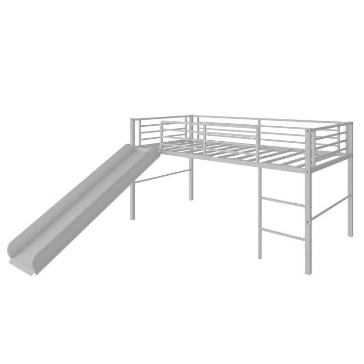 Twin Metal Loft Bed with Slide with Safety Guardrails and Built-in Ladder-Silver