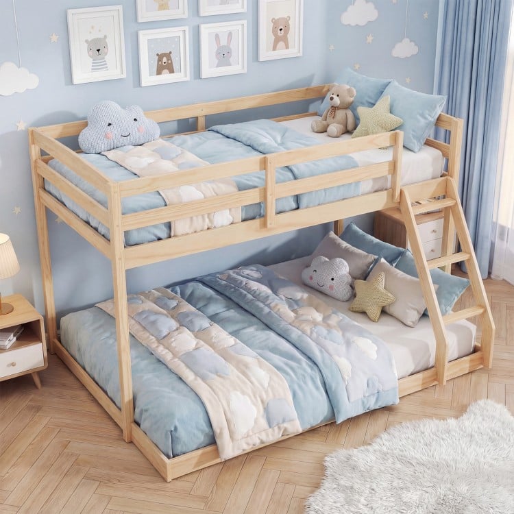 Twin Over Full Bunk Bed Low Floor Bunk Bed Frame-Natural