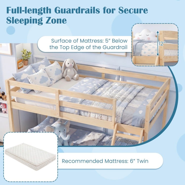 Twin Over Full Bunk Bed Low Floor Bunk Bed Frame-Natural