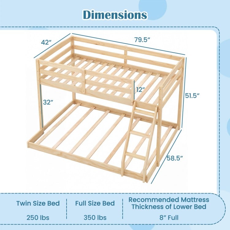Twin Over Full Bunk Bed Low Floor Bunk Bed Frame-Natural