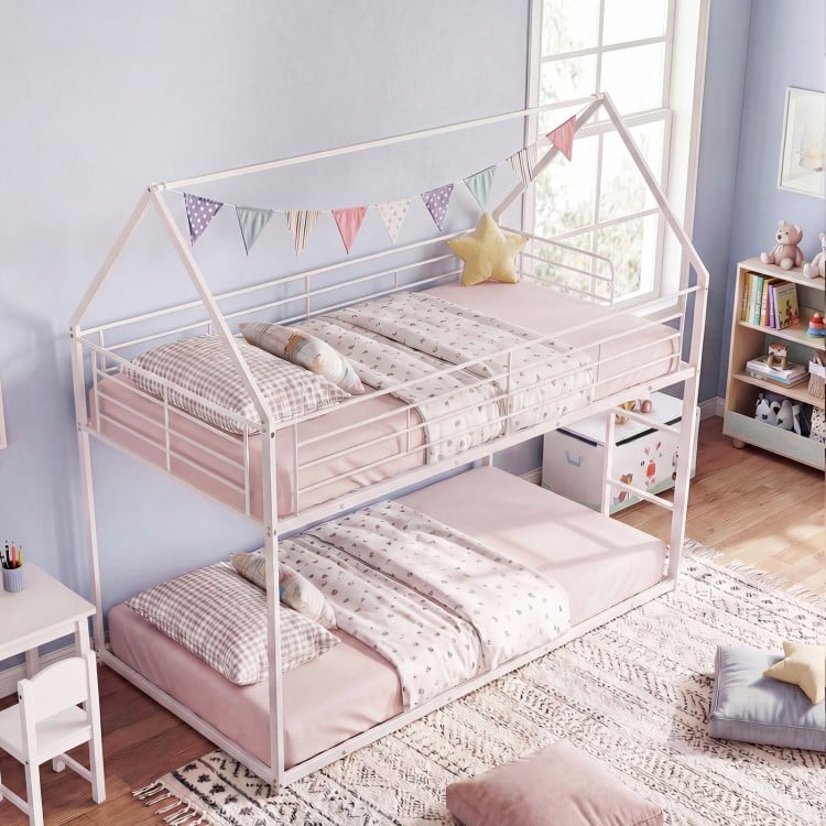Twin Over Twin Metal Bunk Bed with Roof and Ladder-White
