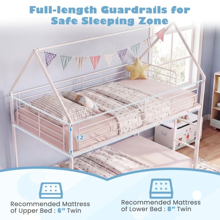 Twin Over Twin Metal Bunk Bed with Roof and Ladder-White