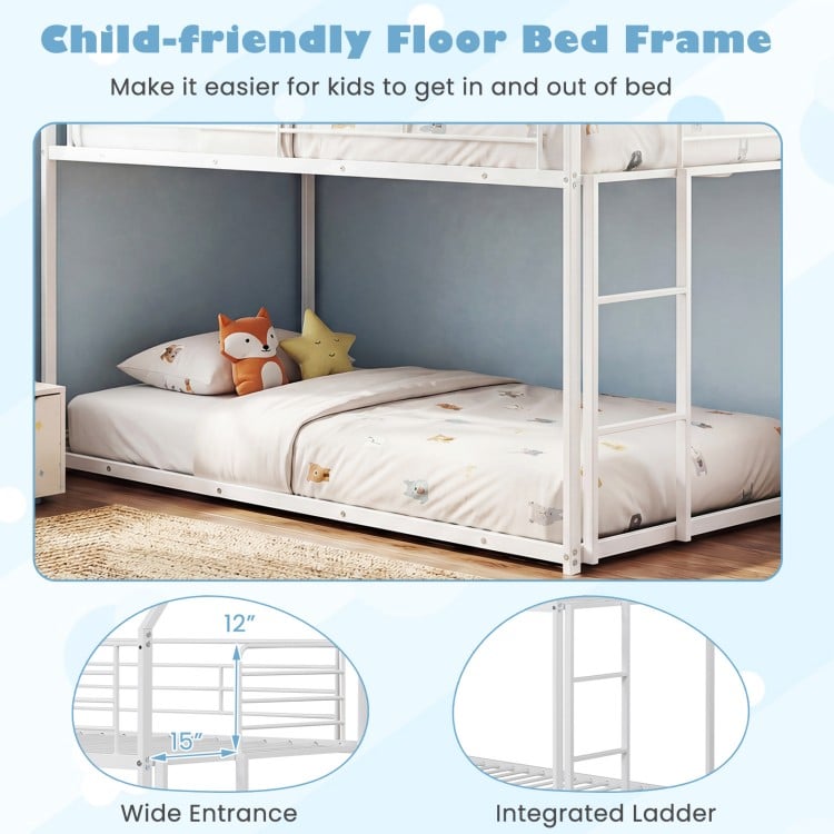 Twin Over Twin Metal Bunk Bed with Roof and Ladder-White