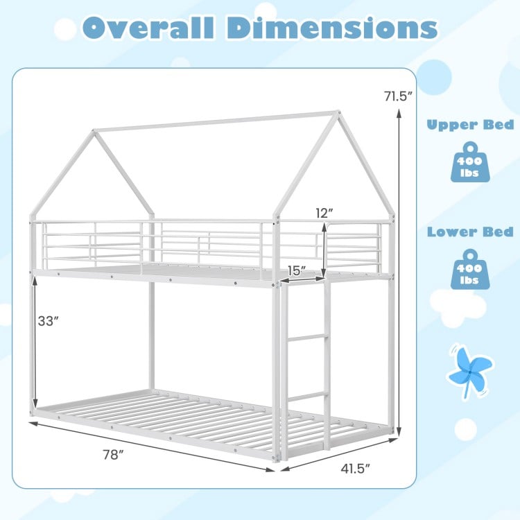 Twin Over Twin Metal Bunk Bed with Roof and Ladder-White
