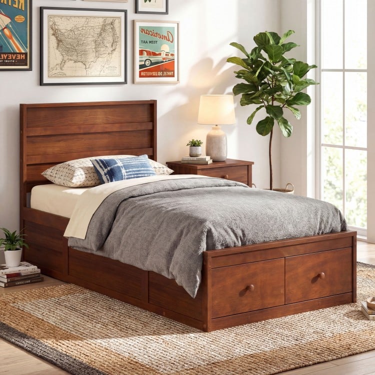 Twin Size Bed Frame with Storage Drawers and Headboard-Walnut