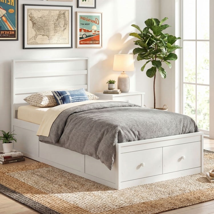 Twin Size Bed Frame with Storage Drawers and Headboard-White