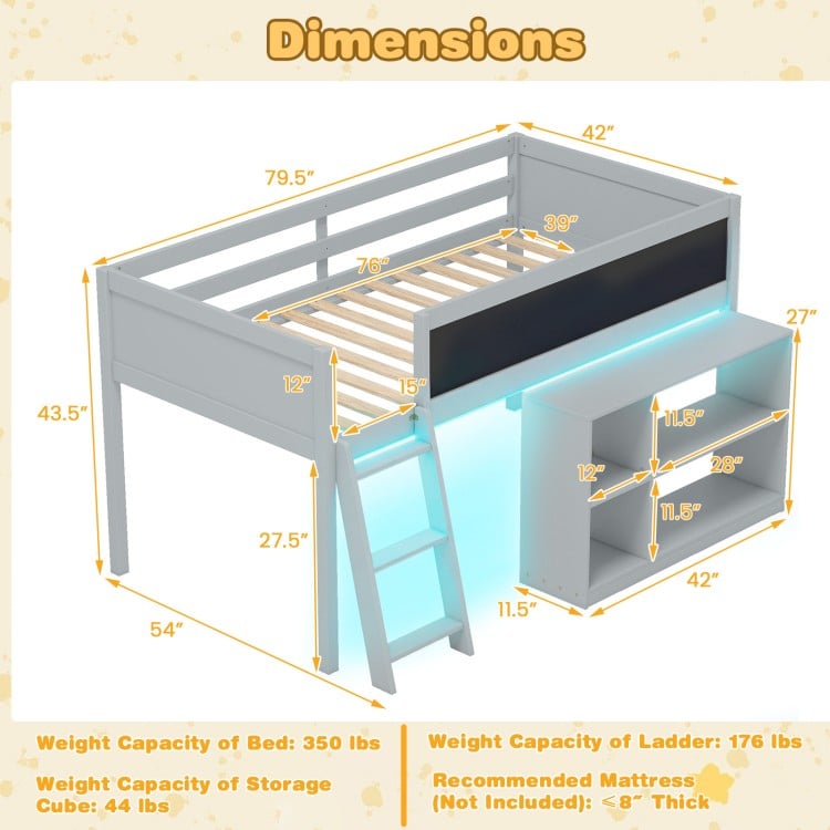 Twin Size Kids Loft Bed with LED Lights and Removable Bookcase-Gray