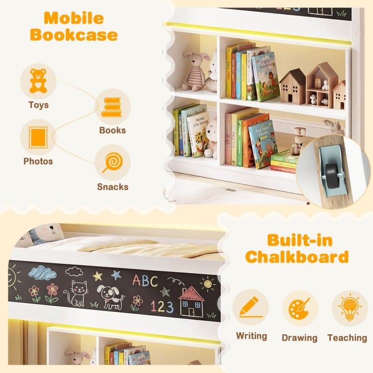 Twin Size Kids Loft Bed with LED Lights and Removable Bookcase-White