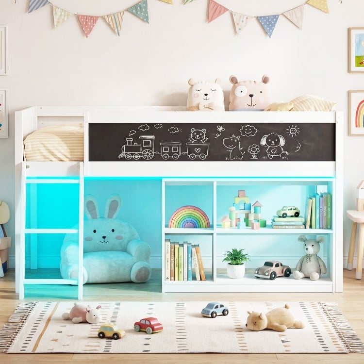 Twin Size Kids Loft Bed with LED Lights and Removable Bookcase-White