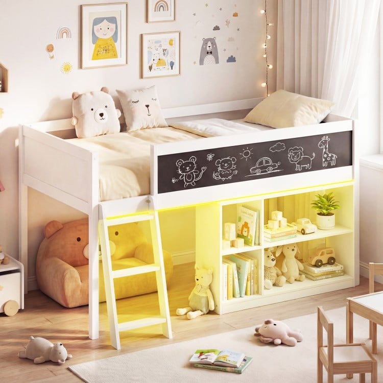Twin Size Kids Loft Bed with LED Lights and Removable Bookcase-White