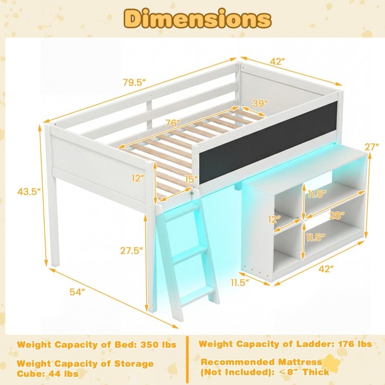 Twin Size Kids Loft Bed with LED Lights and Removable Bookcase-White