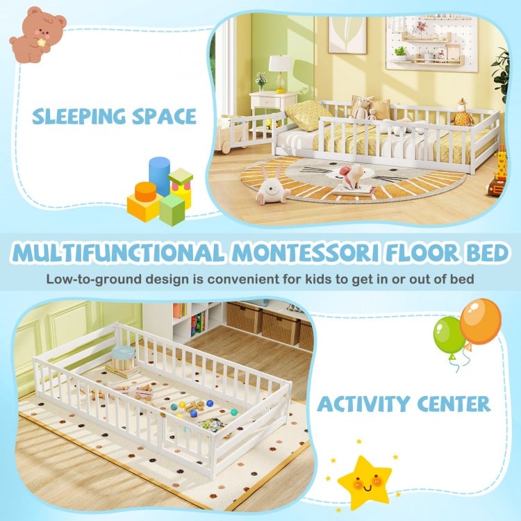 Twin Size Kids Wood Montessori Floor Bed with Door and Fence-White