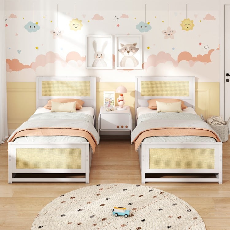 Twin Size Rattan Bed Frame with Storage Drawers-White