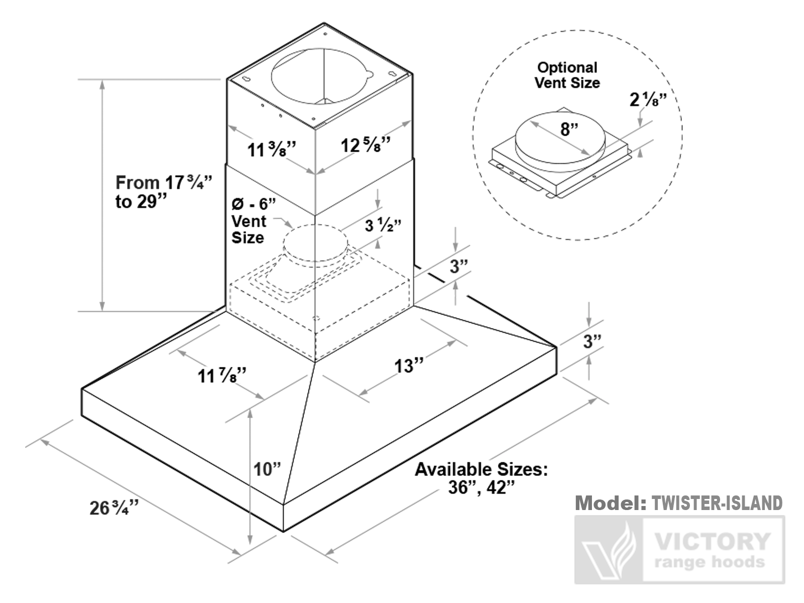36 Inch Island Range Hood 750 CFM - VICTORY Twister Island 