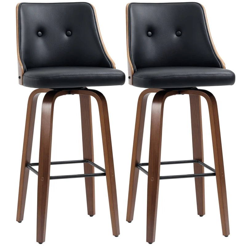 Bar Height Bar Stools Set of 2, PU Leather Upholstered Swivel Barstools with Solid Wood Legs Footrest and Tufted Back, Black
