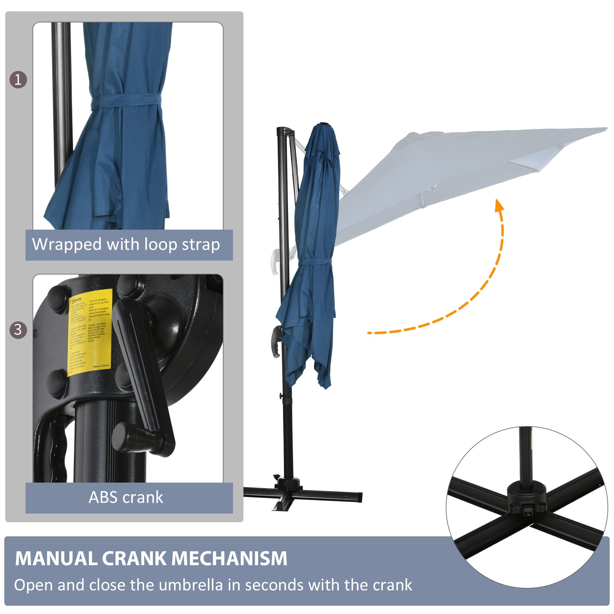 Outsunny Square Patio Hanging Offset Umbrella 8' x 8' Aluminum Cantilever Crank Market Parasol 360° Rotation Cross Base Dark Blue 