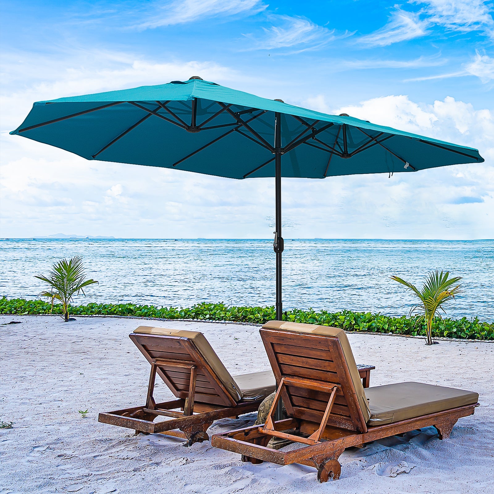 Outsunny 15' Double Canopy Patio Umbrella Sunshade Steel w Lift Crank Sky Blue 