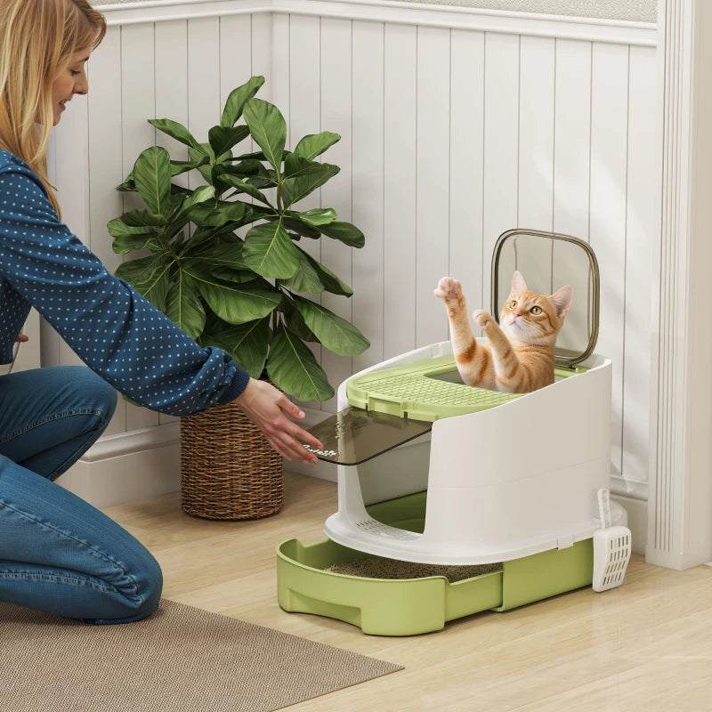 Enclosed Cat Litter Box with Lid, Scoop, Top Entry, Deodorization Bags, Drawer Type Cat Litter Tray, Easy to Clean, Green