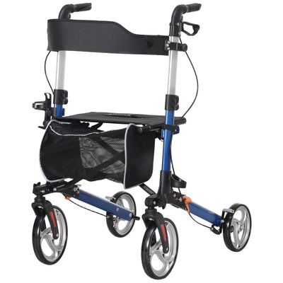 HOMCOM Lightweight Folding Rolling Walker with Large Seat, Back, Adjustable Handle, Bag, Dual Brake, Cane Holder, Blue 