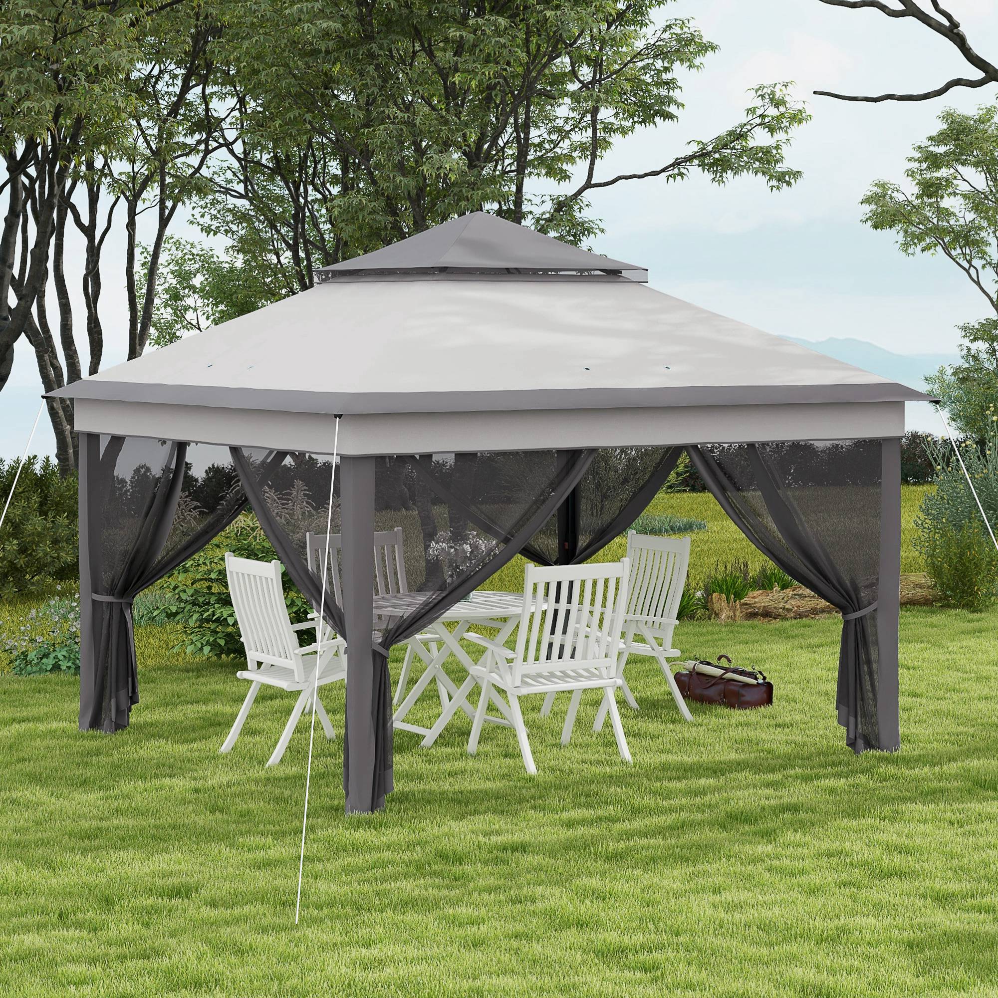 Outsunny 10.7 x 10.7ft Pop Up Gazebo, Adjustable Instant Sun Shelter with UV30+ Roof Cover, Removable Mesh Curtains, Light Grey 