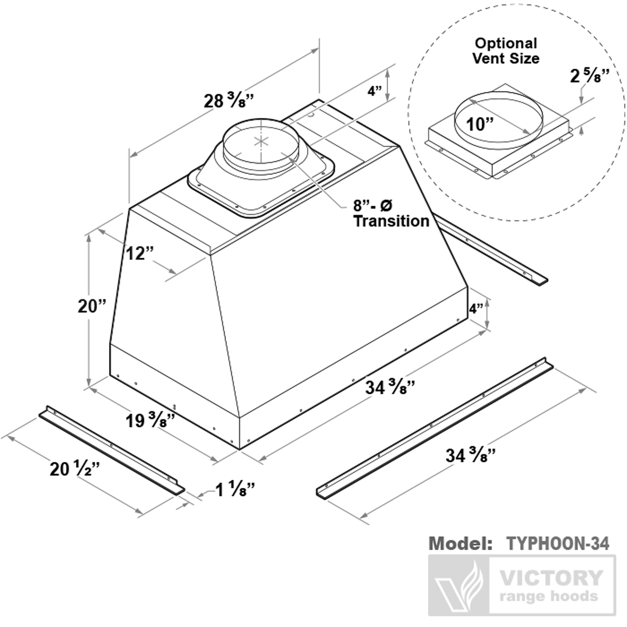 36 Inch 1200 CFM Range Hood Insert - VICTORY Typhoon 