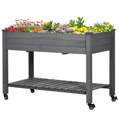 Outsunny Elevated Mobile Garden Bed - Dark Grey Wood Planter Box with Lockable Wheels & Storage Shelf for Herbs & Vegetables 