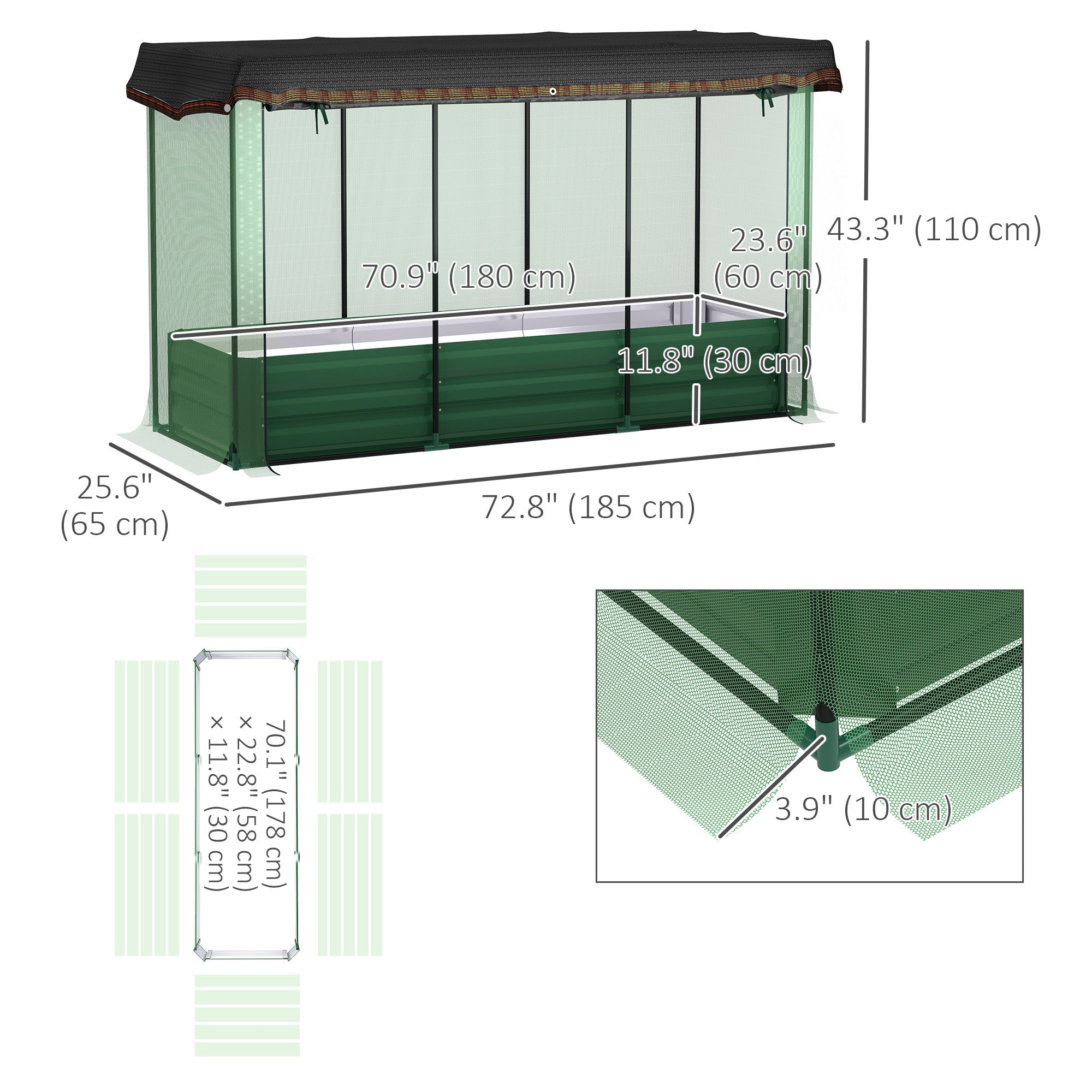 Outsunny Galvanized Steel Planter Box with Crop Cage and Shade Cloth, Raised Garden Bed for Flowers, Vegs and Herbs, Green 