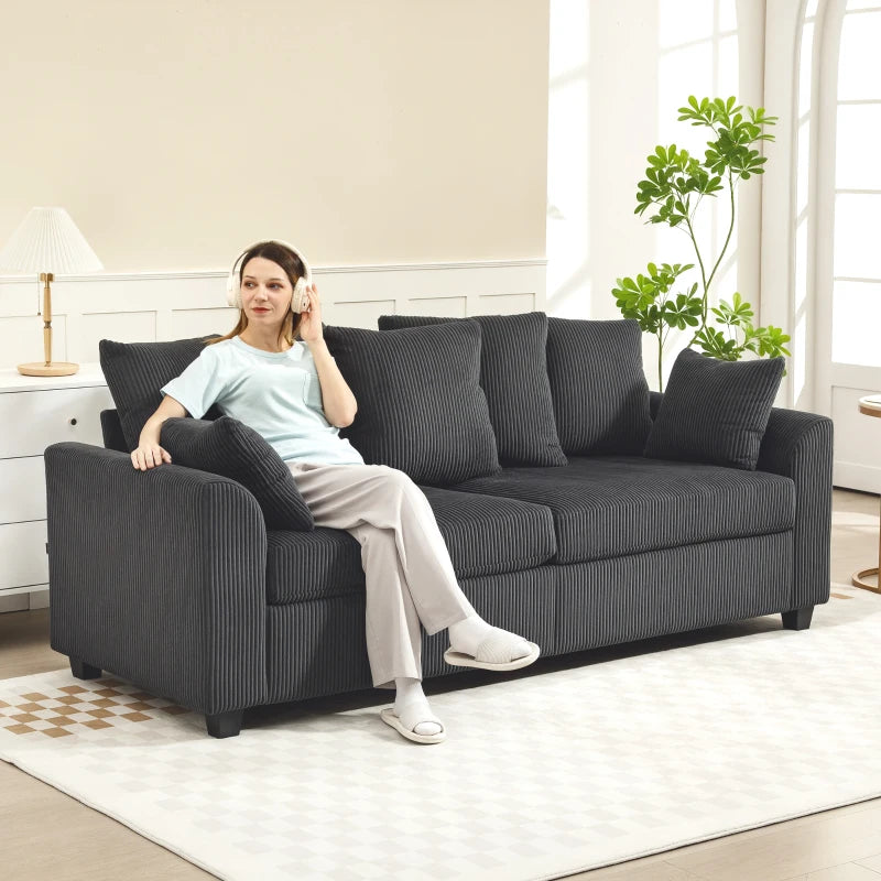 Corduroy Couch with 6 Back Cushions, 2 Pillows and Curved Armrests, Modern 3 Seater Sofa, Dark Grey
