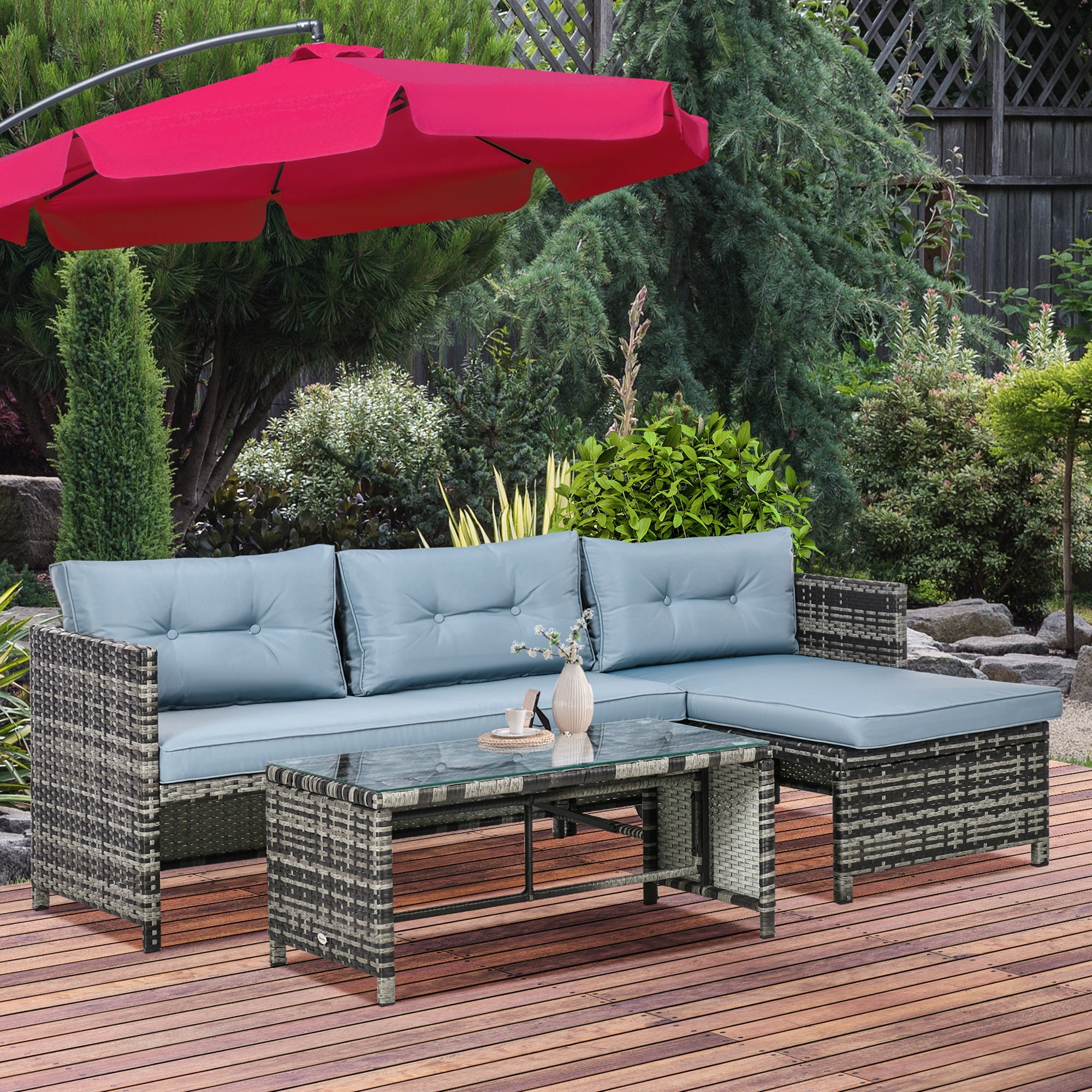Outsunny Wicker Patio Retreat: 3PC Loveseat Chaise Lounge Set with Glass Table, Grey Cushions 
