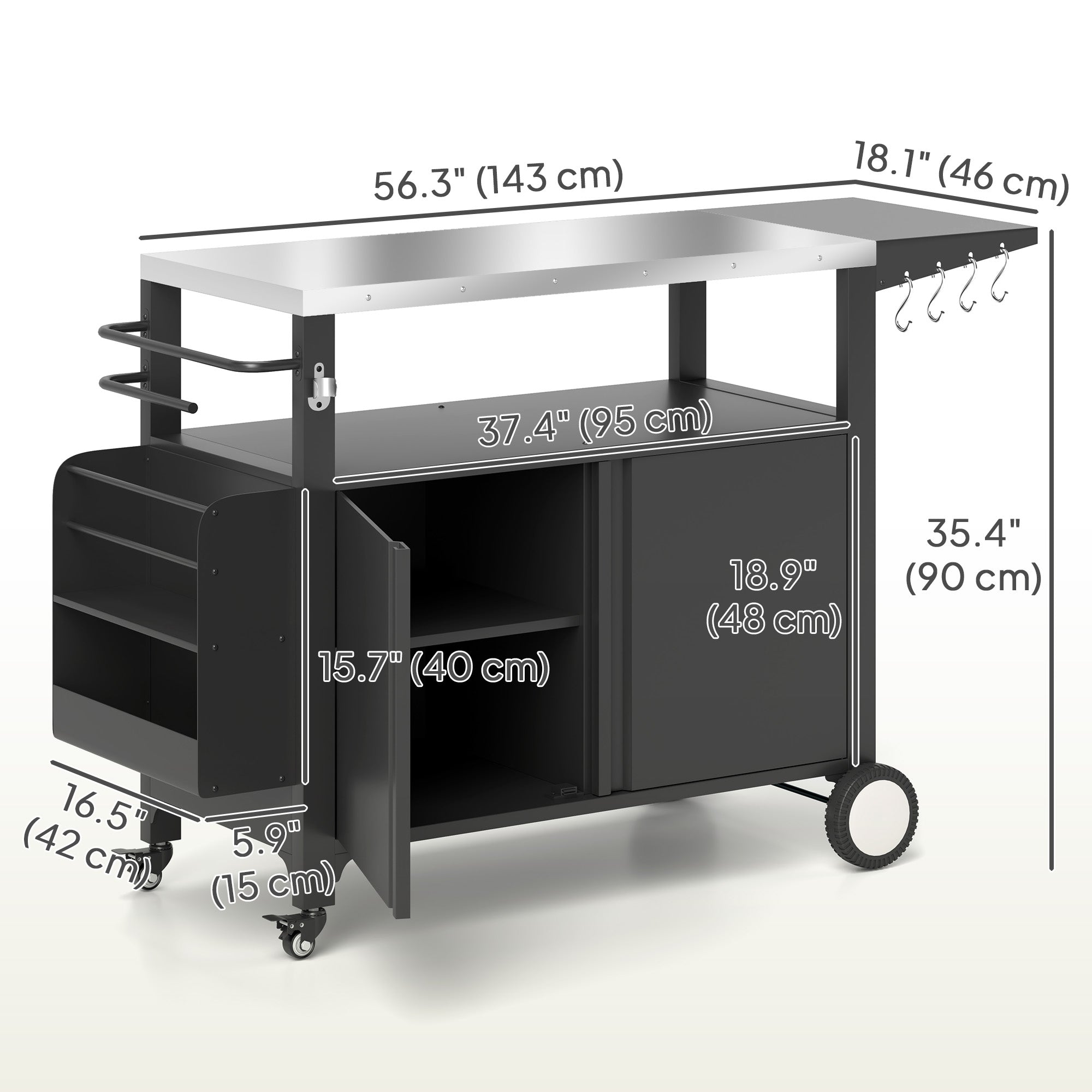 Outsunny Outdoor Grill Cart with Foldable Side Table, Stainless Steel Tabletop, Pizza Oven Stand with Storage Rack, Wheels 