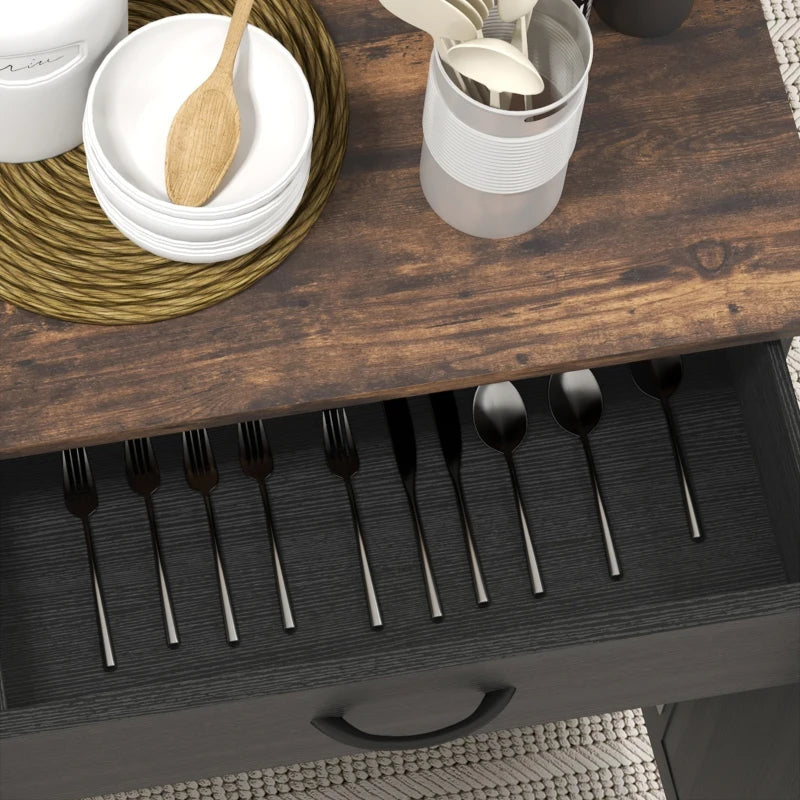 Modern Rolling Kitchen Island Cart with Drawer, Natural Wood Top, Towel Rack, Door Storage Cabinet, Distressed Black