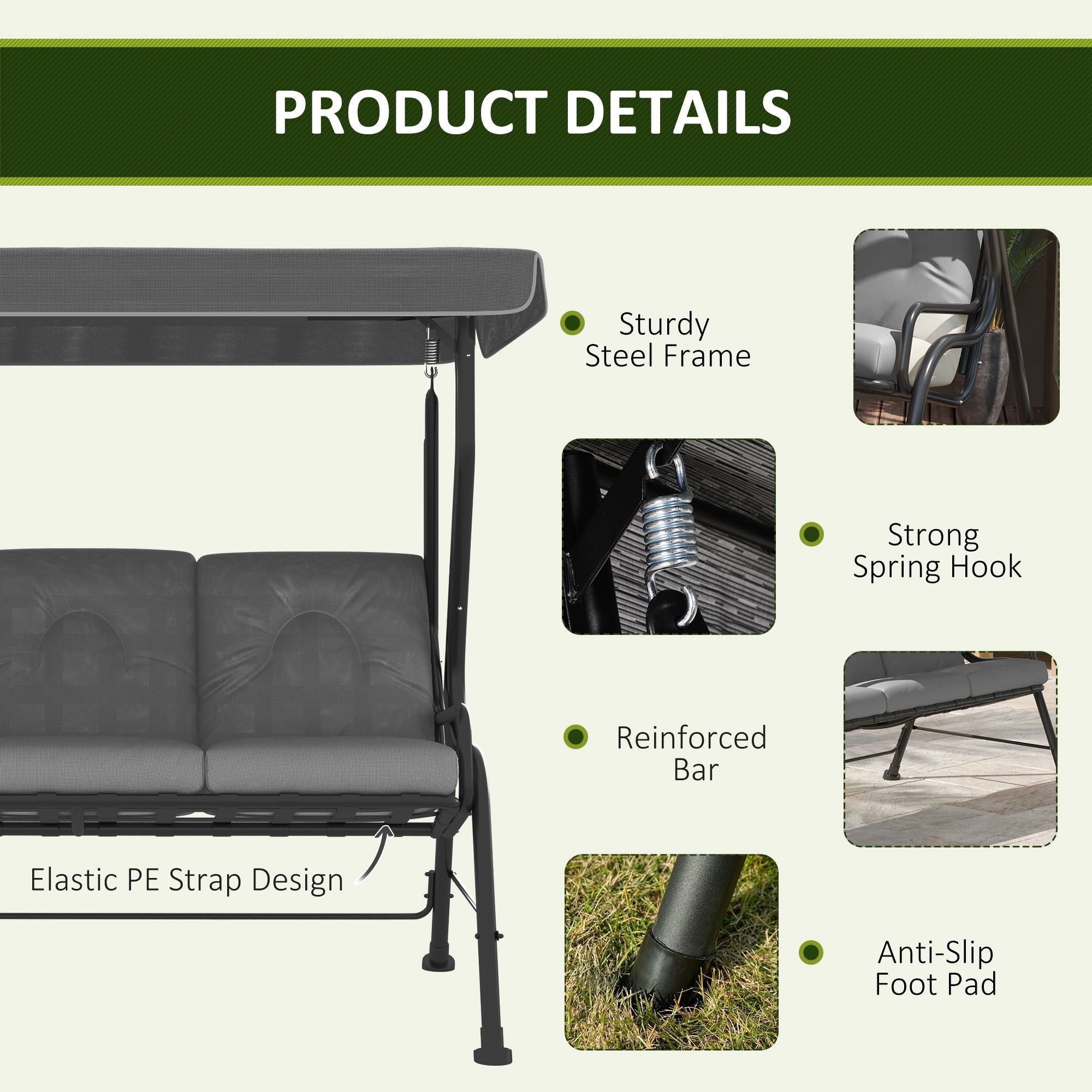 Outsunny 3-Person Patio Swing Chair with Canopy 3 Seater Porch Swing for Garden, Backyard, Poolside, Light Grey 