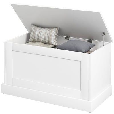 HOMCOM 31.5 Inches Storage Chest, Storage Trunk with Safety Hinge, Wooden Toy Box for Living Room, White Wood Grain 