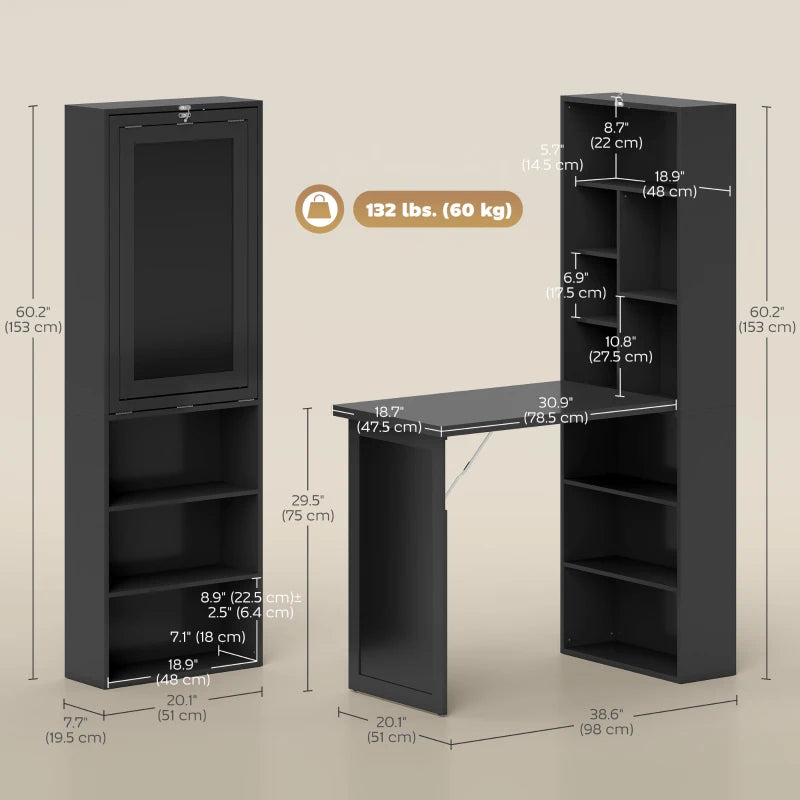 Fold-out Convertible Office Desk, Wall Mount Computer Desk with Blackboard and Side Shelf, Black
