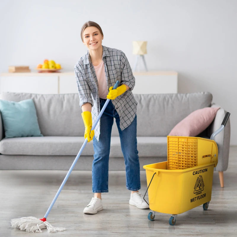 Mop Bucket with Wringer on Wheels for Floor Cleaning, 21 Quart Side Press Wringer with Handle and Mop, Yellow