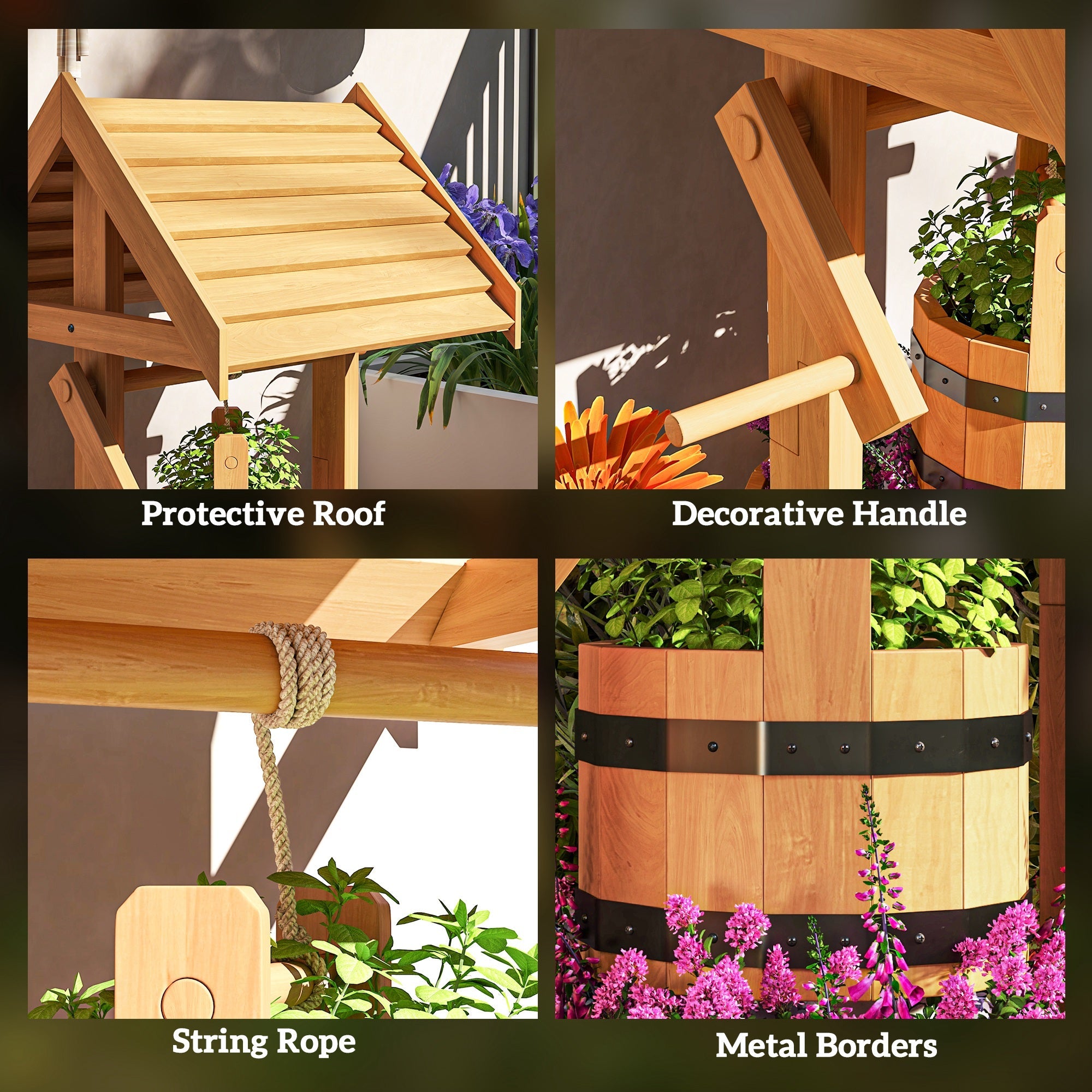 Outsunny Wood Wishing Well Outdoor Wooden Planter with Hanging Bucket and Drainage Hole for Garden, Patio, Backyard, Orange 