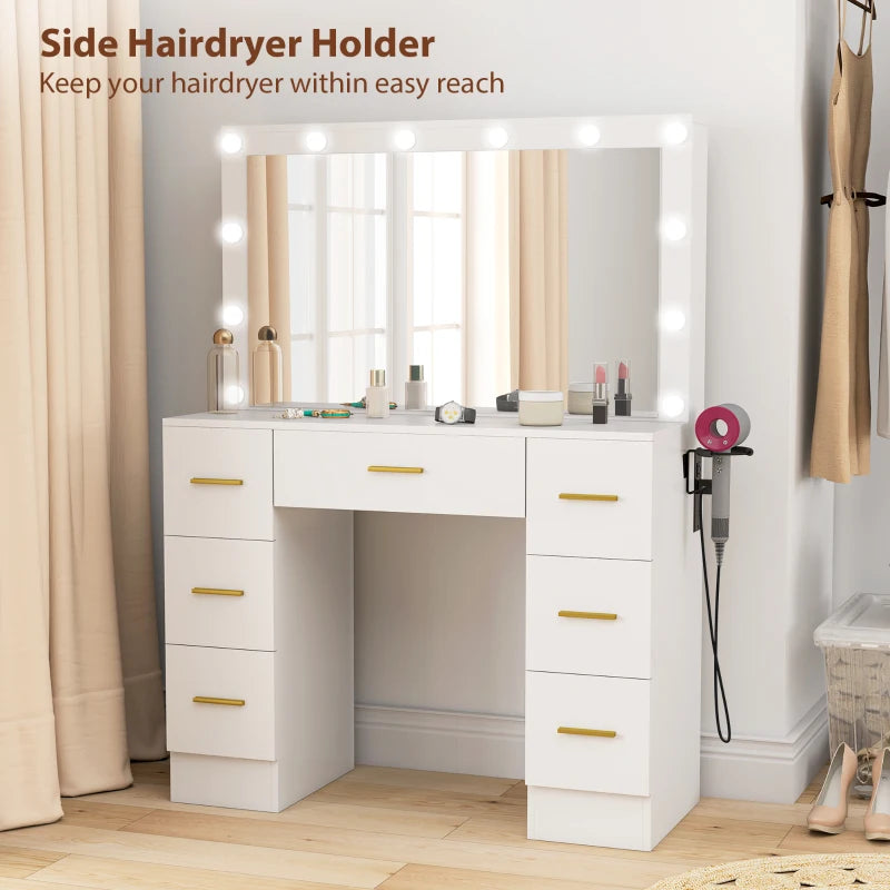 Makeup Vanity Table with Lights, Dressing Table with 7 Drawers, 6 Hidden Sliding Storage Compartments, White