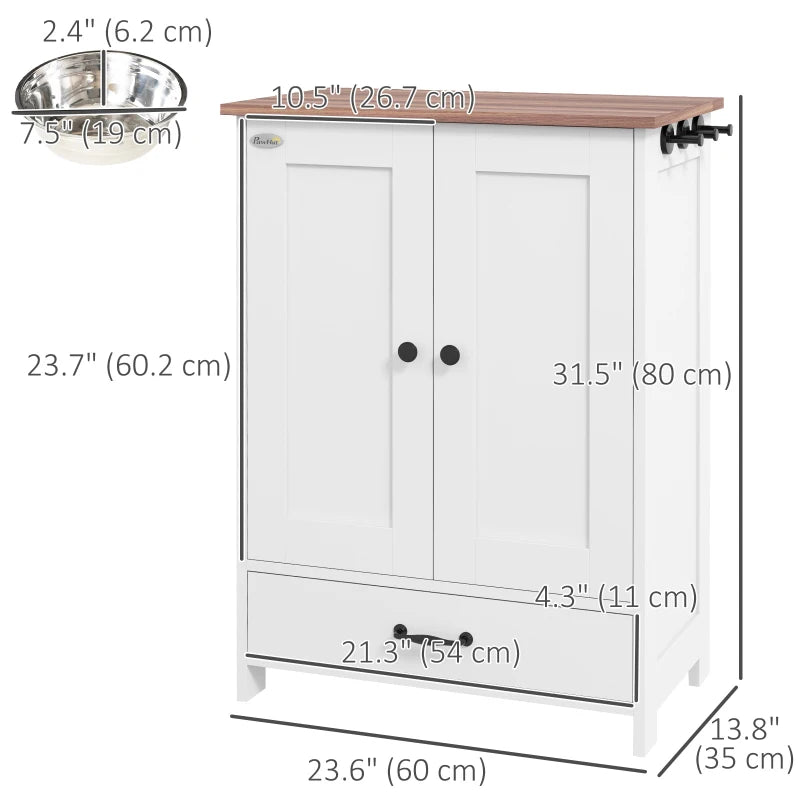 Pet Food Storage Container Dog Feeding Station w/ Adjustable Panel, Hooks, for Medium Sized Dogs, White