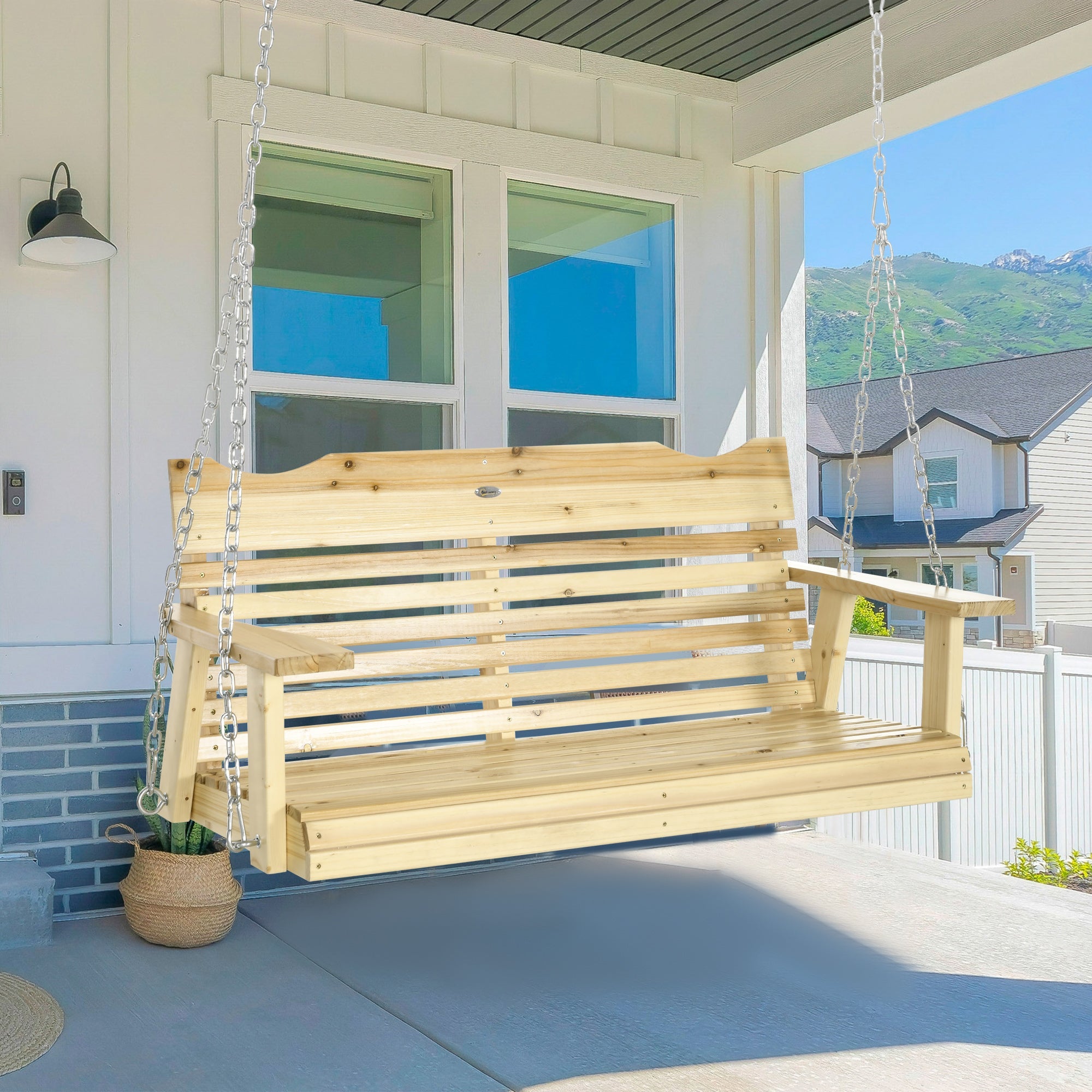 Outsunny 2-Seater Porch Swing, Patio Swing Bench with Adjustable Hanging Chains for Deck, Patio, Garden, Backyard, Natural Wood 