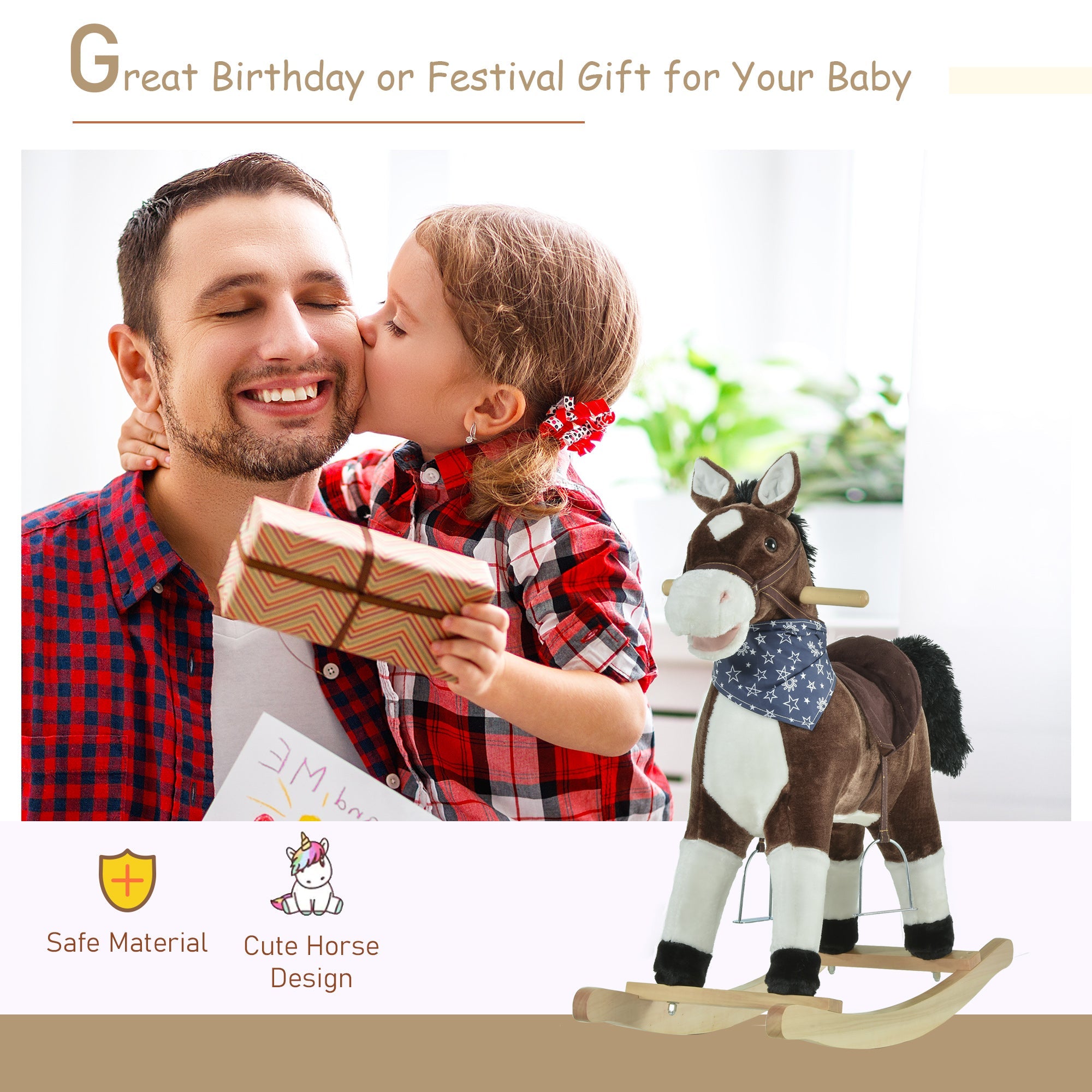 Qaba Kids Plush Ride-On Rocking Horse Toy Cowboy Rocker with Fun Realistic Sounds for Child 3-6 Years Old, Brown 
