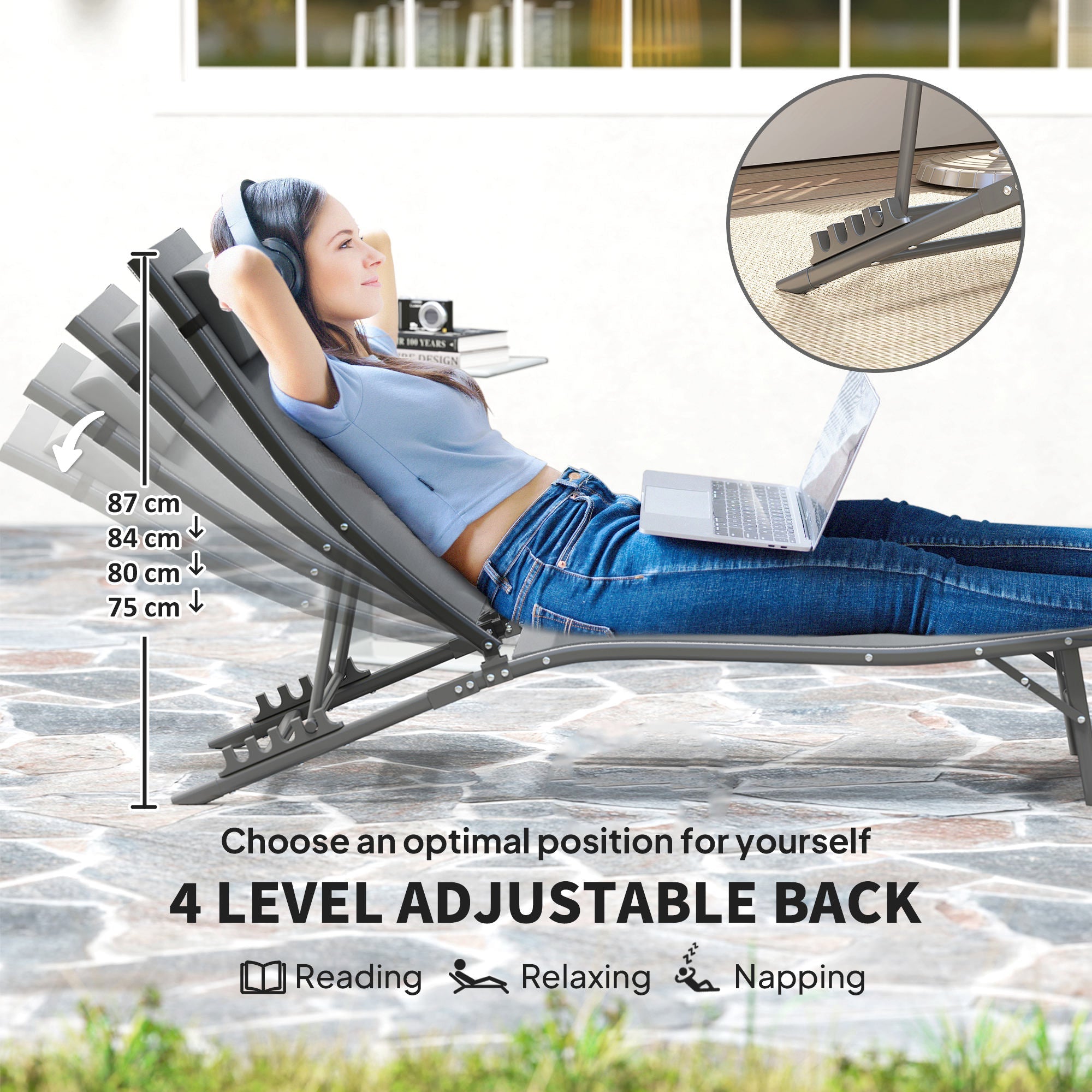 Outsunny Folding Outdoor Chaise Lounge Chair Set of 2 with Adjustable Backrest, Headrest, Mesh Seat for Beach, Poolside, Grey 