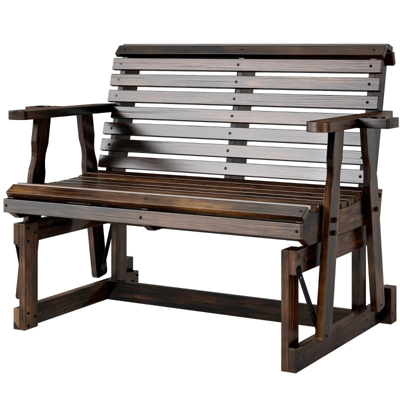 Outdoor Glider Bench, Wooden Glider Chair with 2 Cupholders, Slatted Seat and Armrests, Patio Swing Rocking Loveseat