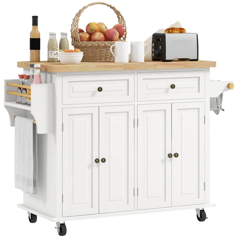 Kitchen Island with Storage, Rolling Trolley Cart with Rubber Wood Top, Spice Rack, Towel Rack, Cream White