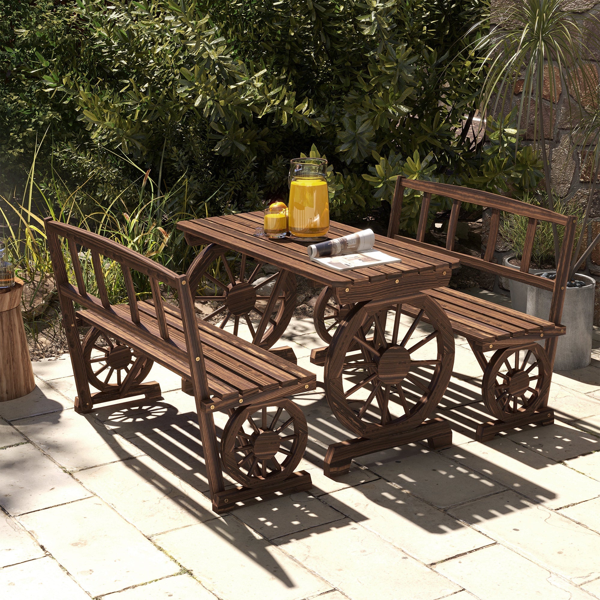 Outsunny Wooden Patio Table and Chairs for 4 People 3-Piece Carriage Wheels Design for Porch, Backyard, Balcony, Carbonized 