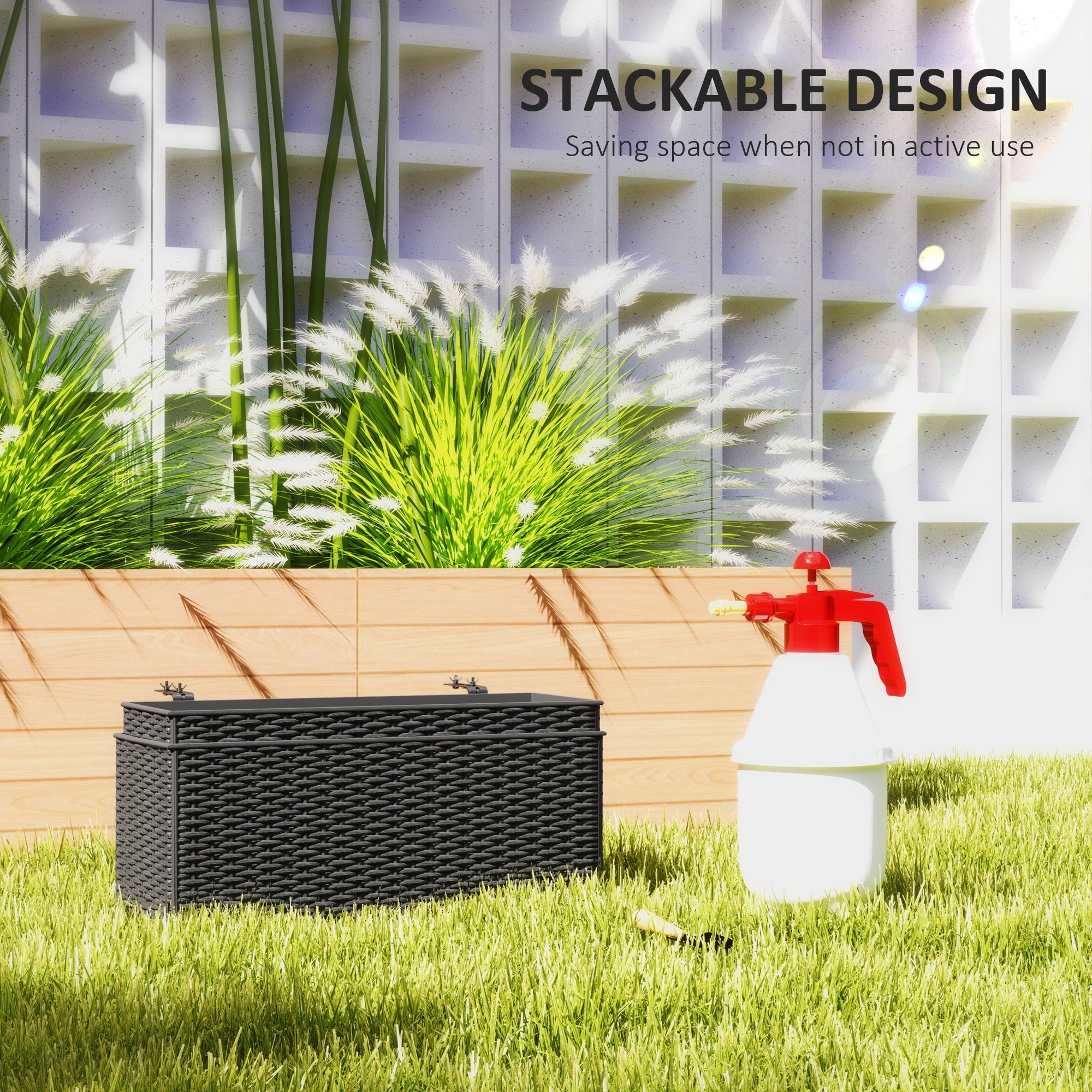 Outsunny 2 Pack 20 Inch Self-Watering Hanging Flower Pots, Railing Planter Box for Fence, Garden, Rattan Look, Black 