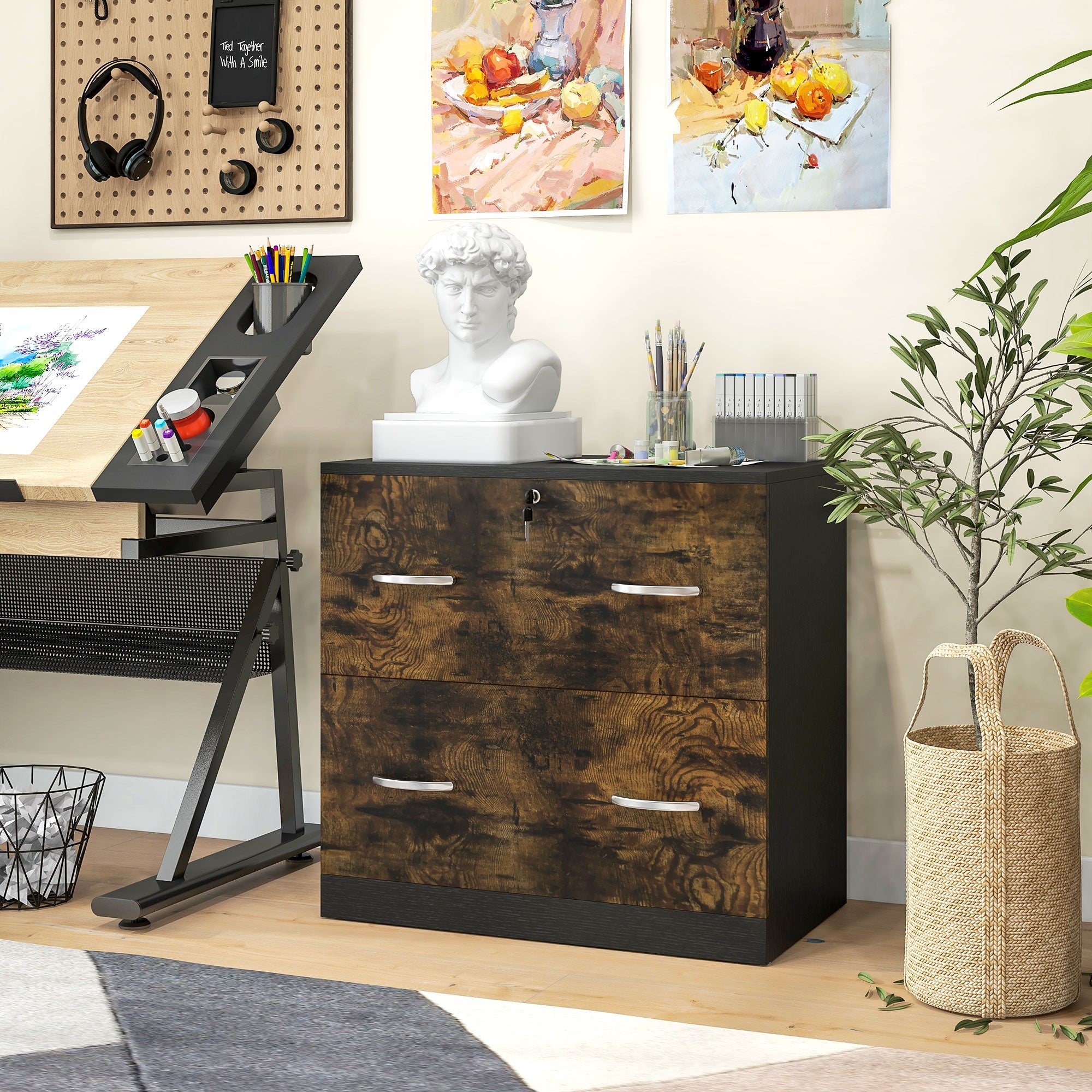 Vinsetto 2 Drawer File Cabinet with Lock, Office Filing Cabinet, Hanging Bar for Letter Size, Home Office, Rustic Brown 