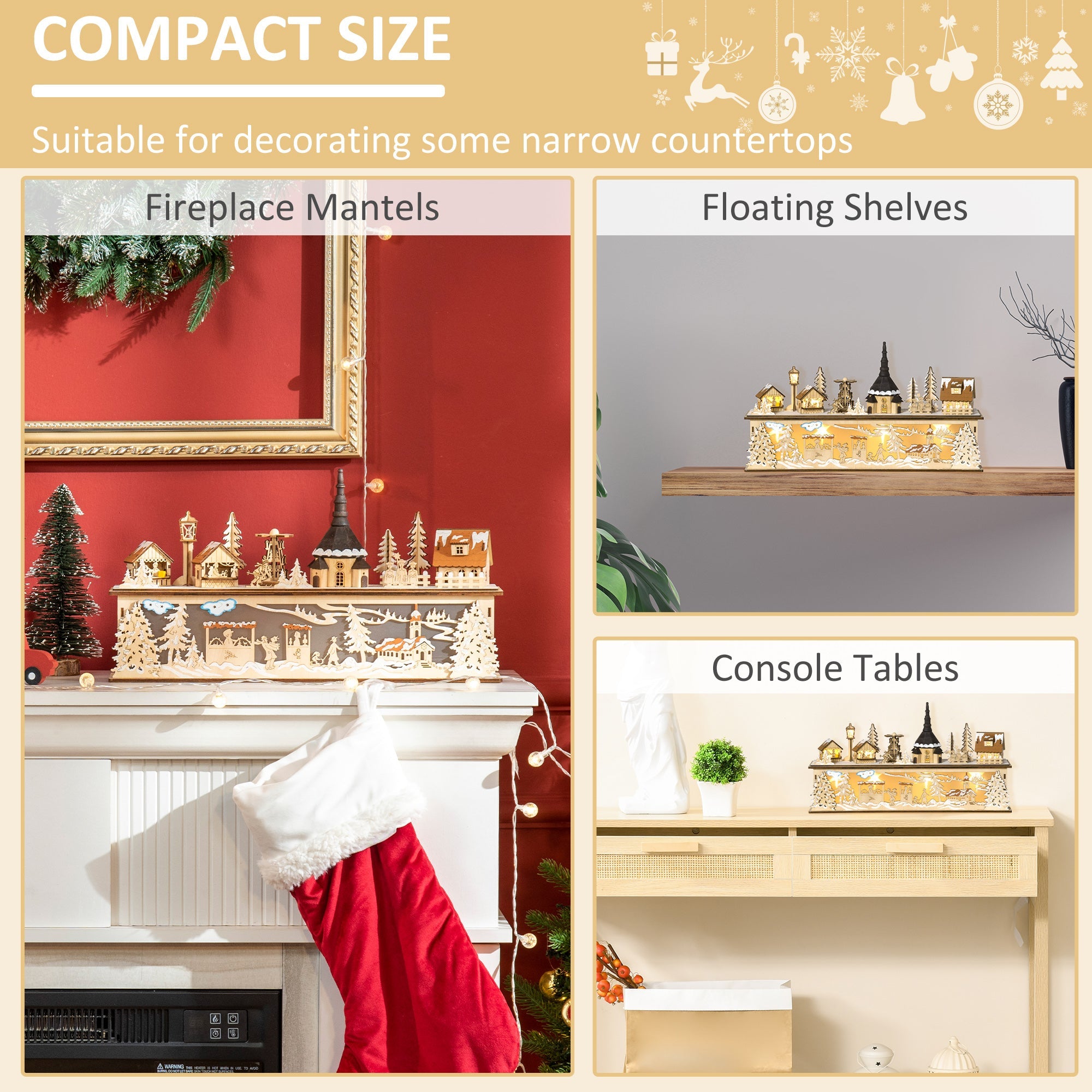 HOMCOM Desktop Christmas Decoration, Christmas Village Houses with Church, Windmill Battery Operated, Natural Wood 
