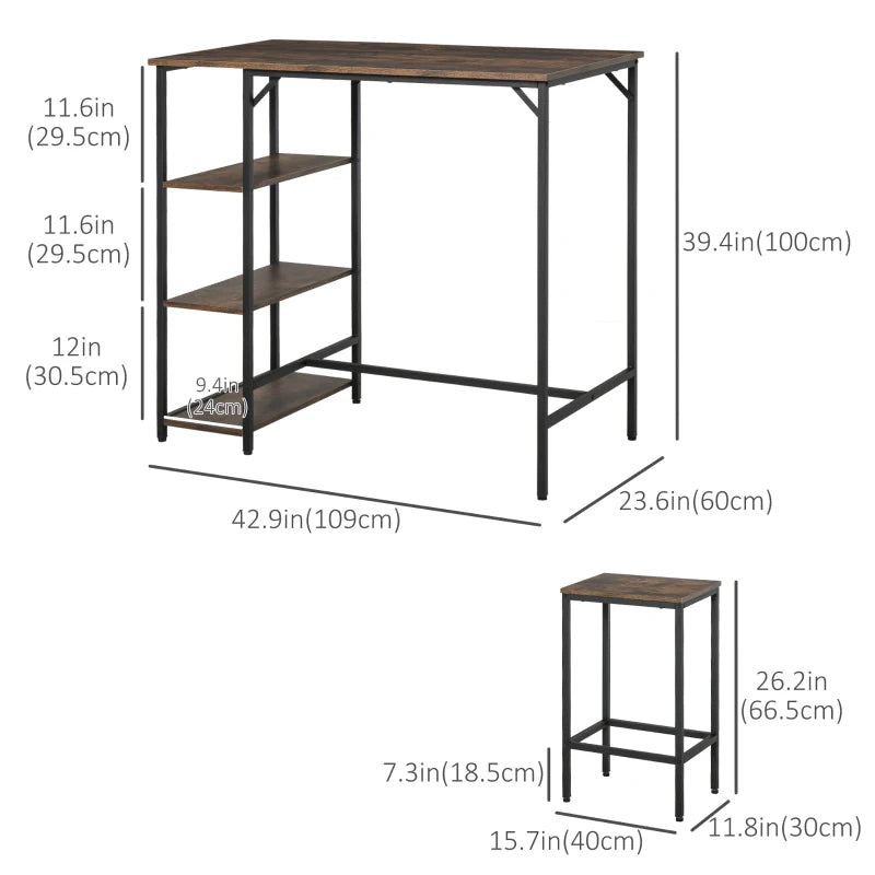 Industrial Dining Table Set for 2, Bar Table and Stools Set, Counter Height Kitchen Table with Chairs with Storage Shelf, Rustic Brown