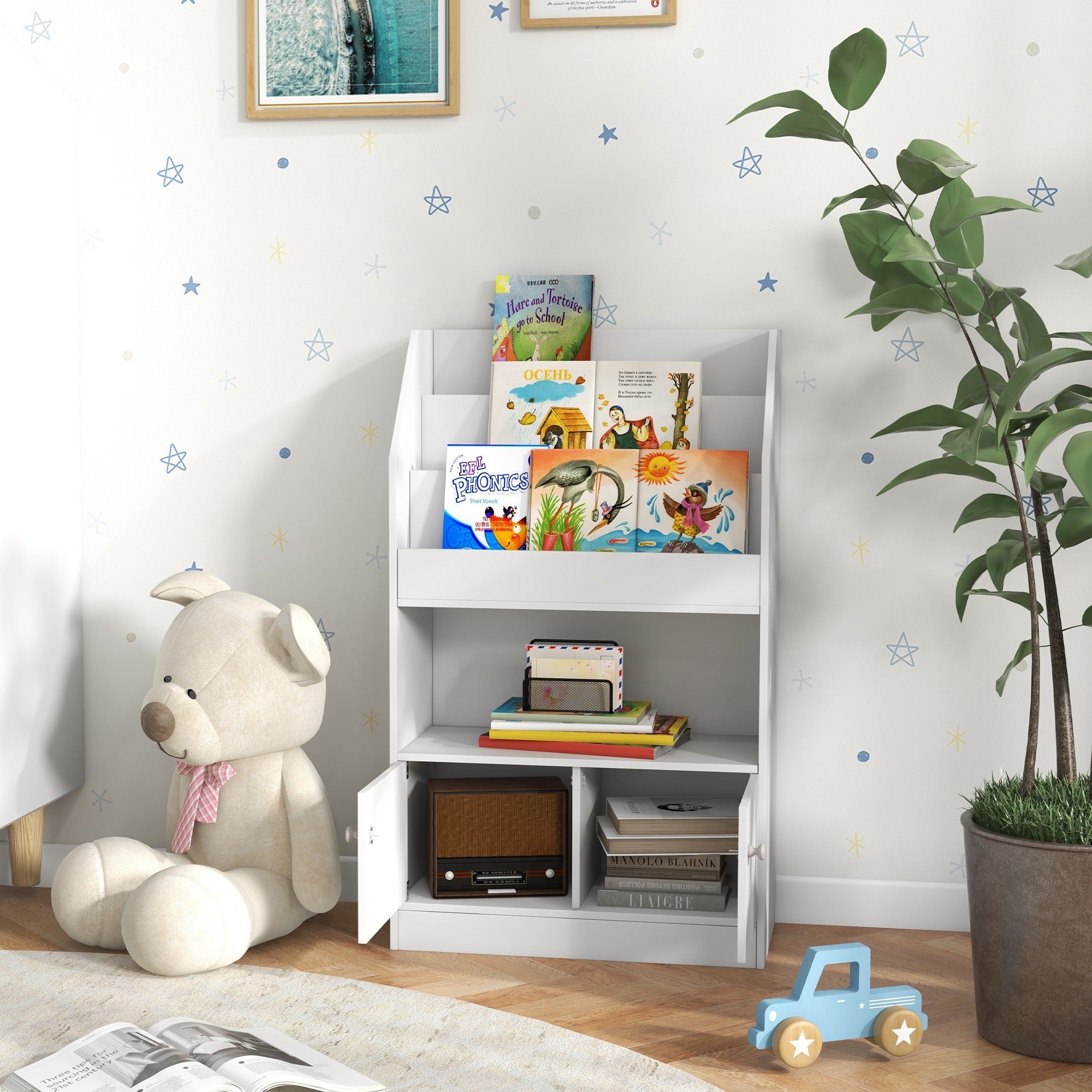 Qaba Toy Storage Organizer Shelf Kids Bookshelf for Bedroom Playroom Nursery White 