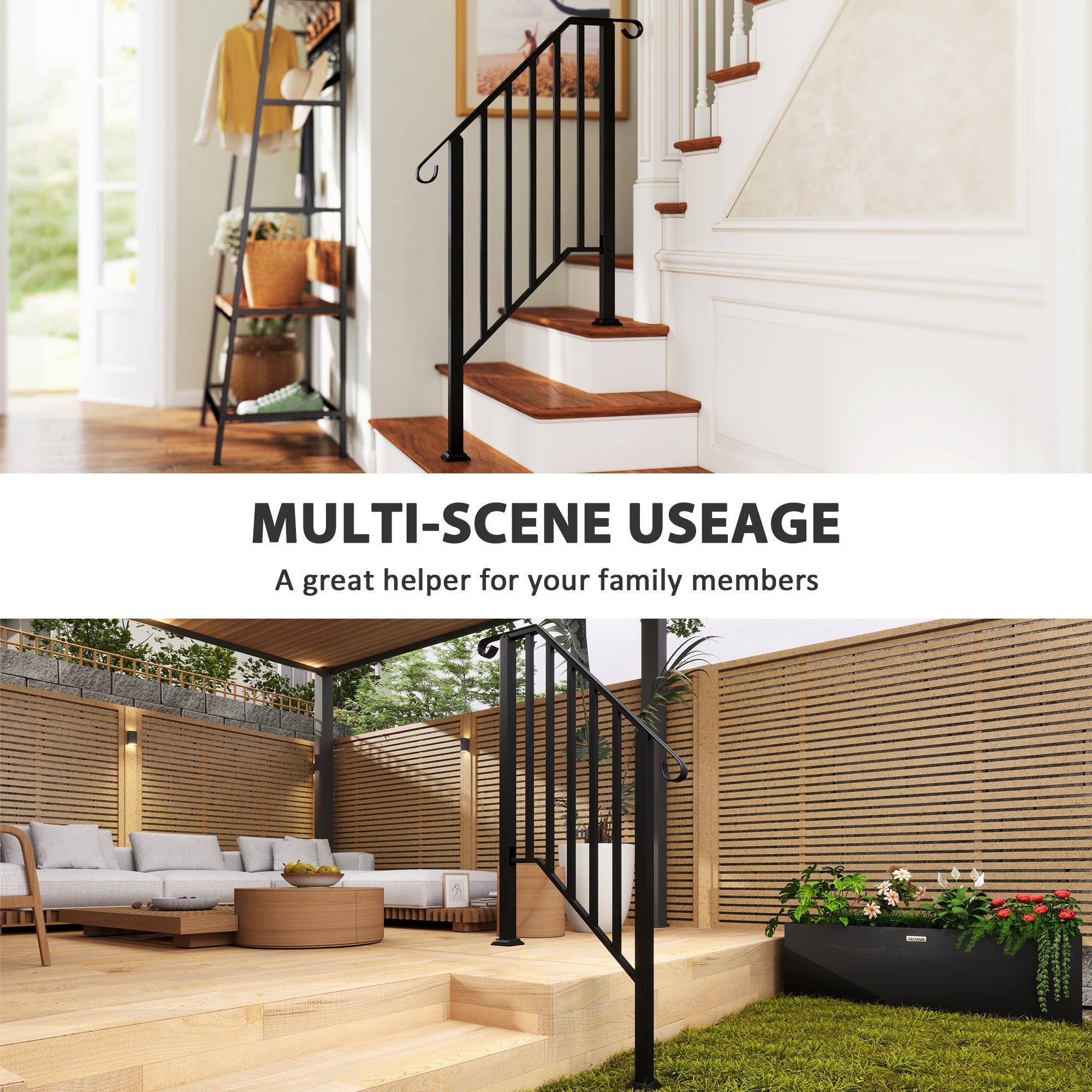 Outsunny 2-3 Step Handrails for Outdoor Steps, Metal Outdoor Stair Railing, Porch Deck Railing with Installation Kit, Black 